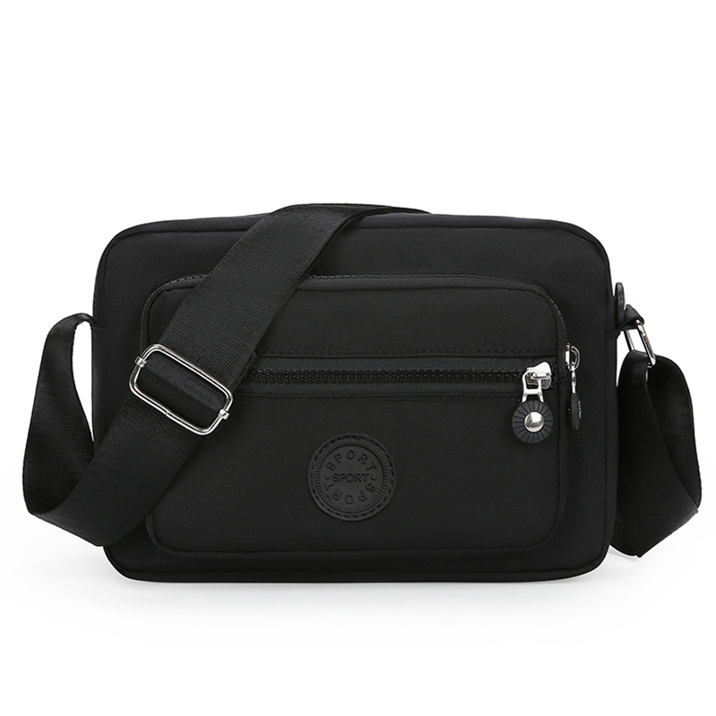 Bolso de mano de estilo neutro hecho de tela de nailon liviana y sencilla, bolso de mujer de un solo hombro. [La dirección de la cremallera está corrió: Negro