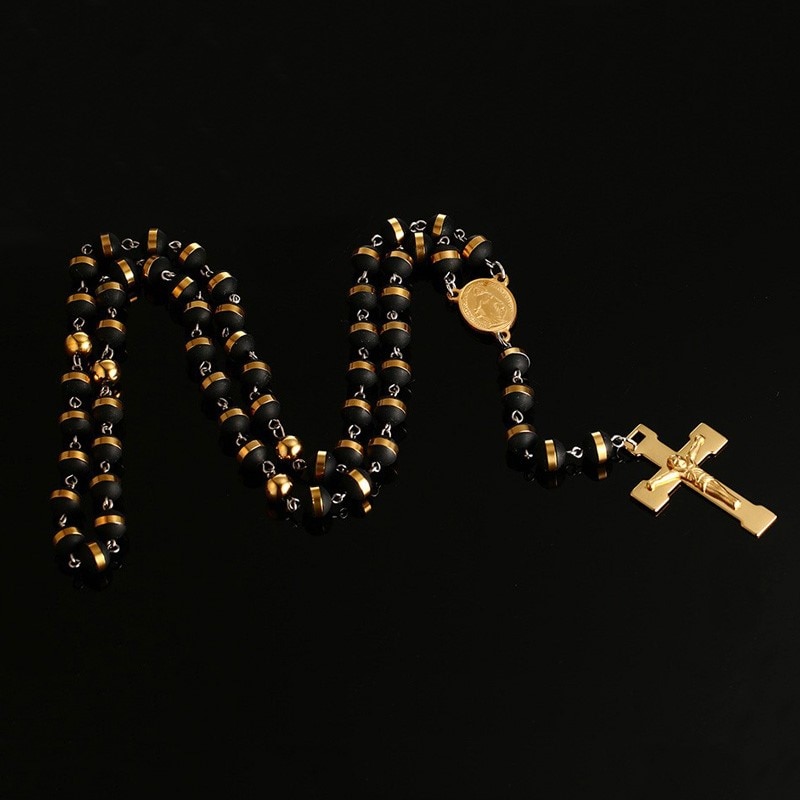 Mænd, kvinders rustfrit stål vedhæng halskæde guld tone sort jomfru mary jesus christ crucifix kors rosenkrans 30 tommer kæde