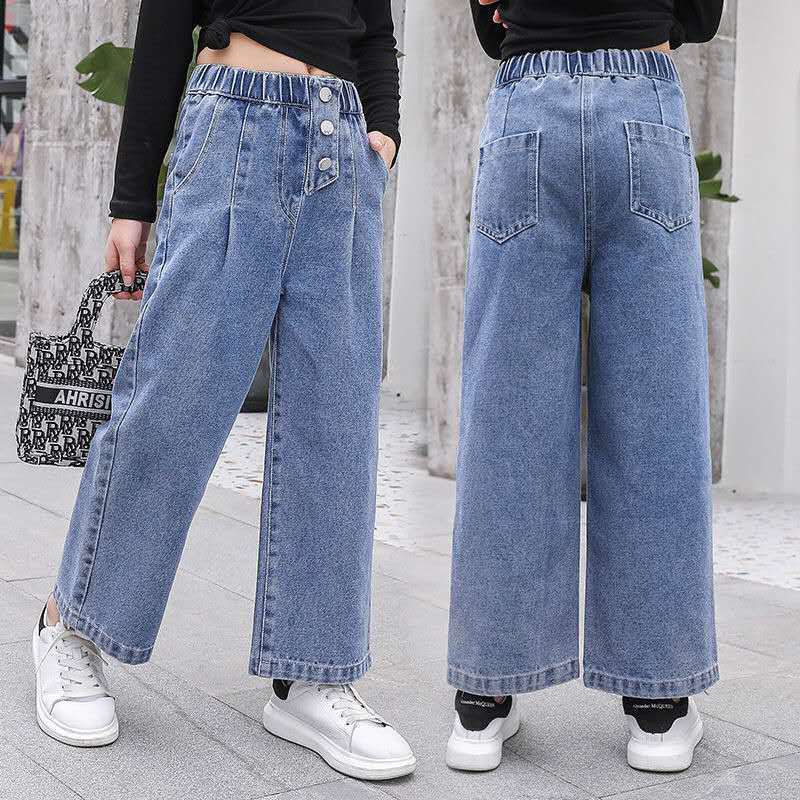 Girls Spring Autumn Wide Leg Denim Pants Solid Elastic Waist Kids Jeans Korean Straight 3-13 Years Old Children's Trousers
