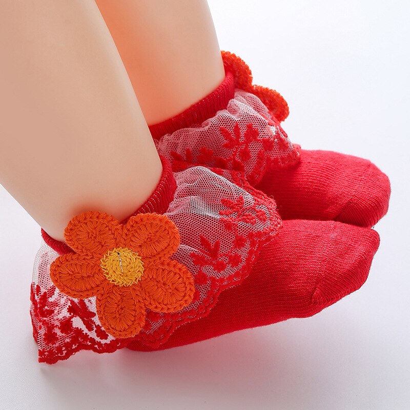 Baby Sokken Kinderen Jongens Meisje Leuke Warm Lace 3D Bloemen Sokken Katoen Effen Kleur Kleding Accessoires Voor 0-3 jaar Kind: Rood / 1-3 Years