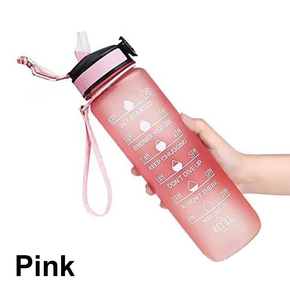 32 Oz Leakproof Drinking Water Bottle Carry Strap Straw Leak Proof Sport Water Jug for Hiking Fitness Outdoor Camping: Roze