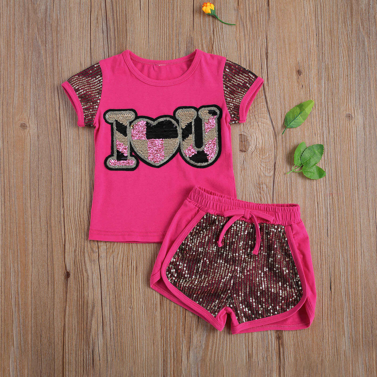 Valentine Kinderen Twee Delige Set, baby Meisjes Pailletten Kleuraanpassing Korte Mouwen Ronde Hals Shirt Baby 'S Shorts Pak 2-7T