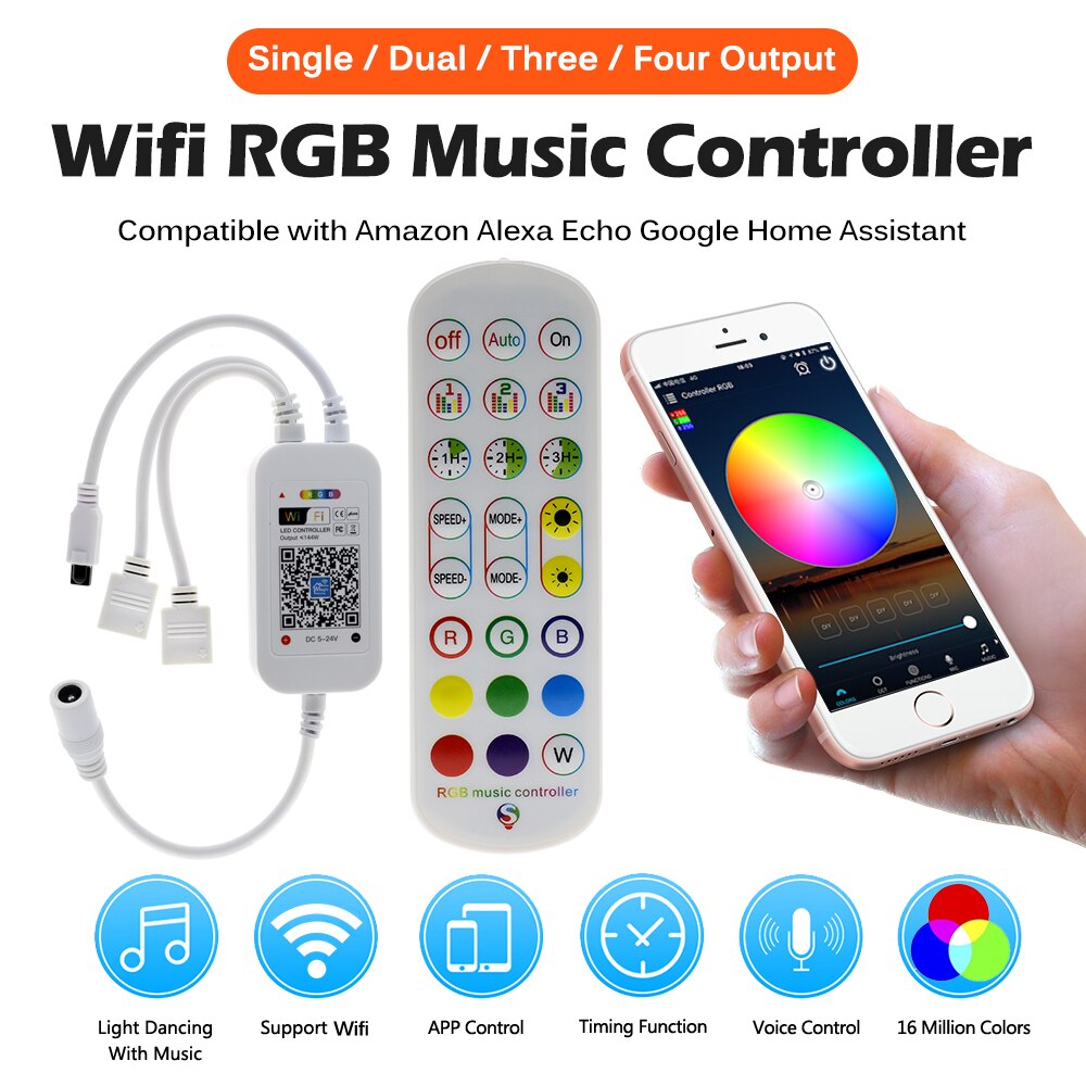 Wifi RGB LED Controller 5V-24V IR Remote Controller Dimmer WiFi Wireless Smart Music Controller Work with APP for RGB LED Strip
