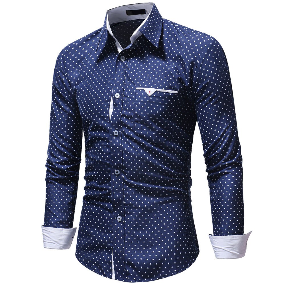 Men&#39;s Autumn Casual Shirts Long Sleeve Turn Down Collar Formal Polka Dot Slim Fit Long Sleeve Dress Shirt Top Blous