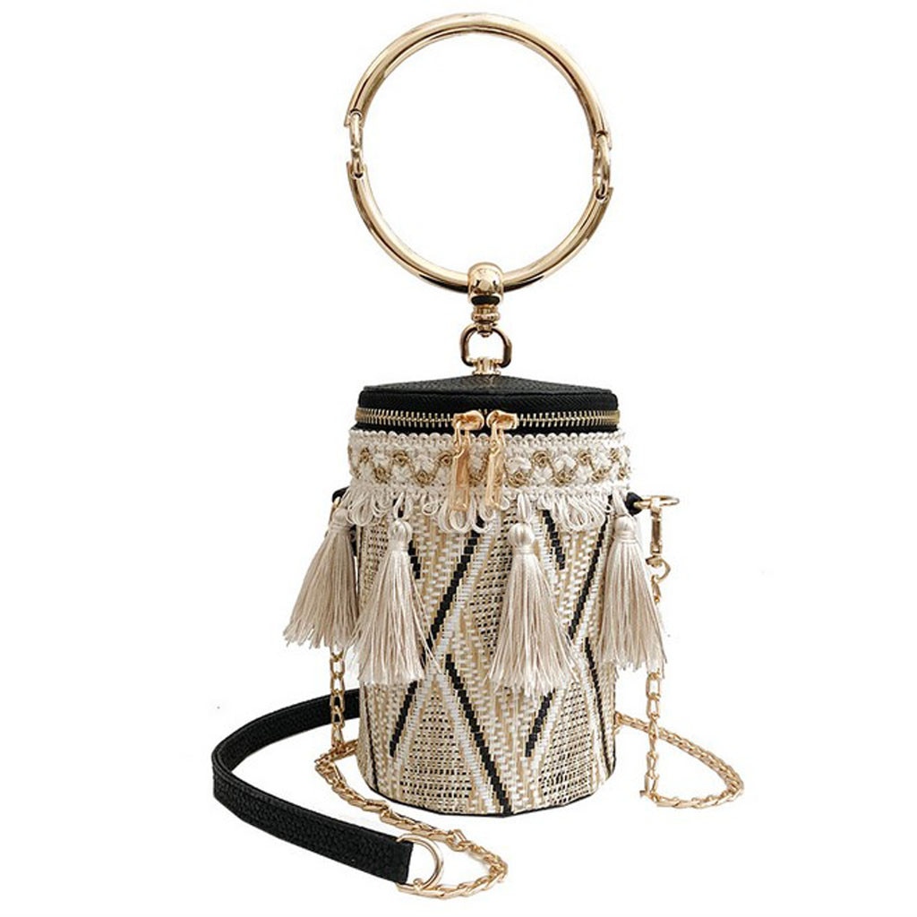 Aelicy Vintage Fringed Woven Lace Straw Handbag Ladies Summer Rattan Bag hand-woven Beach Circle Luxury Handbag