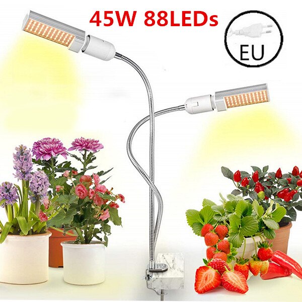 Luces LED para cultivo de plantas, lámpara de espectro completo E27 de doble cabeza Flexible de cuello de cisne para invernadero, Phyto, 45W, 50W, 60W, EU/US: EU 45W