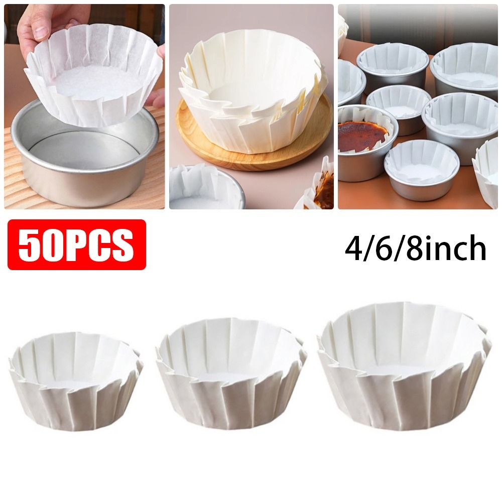 50 stk. 4/6/8- tommers bakepapir, engangs, oljebestandig kakeinnpakning, sammenleggbar cupcake-innlegg, bakeform, baskisk kakepapir, kakeformpapir