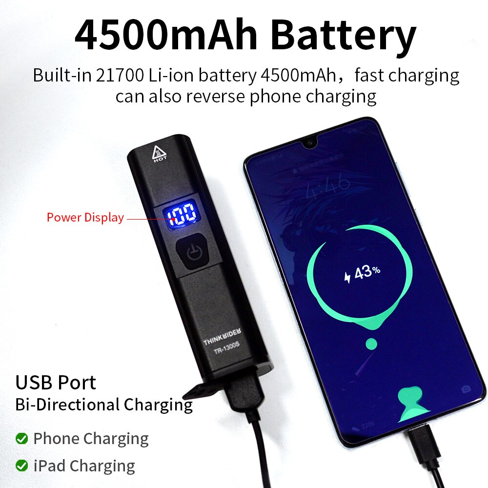 ThinkRider-luz de 1300 lúmenes para bicicleta, Faro de 4500mAh para manillar, linterna con carga USB, para ciclismo de montaña o carretera