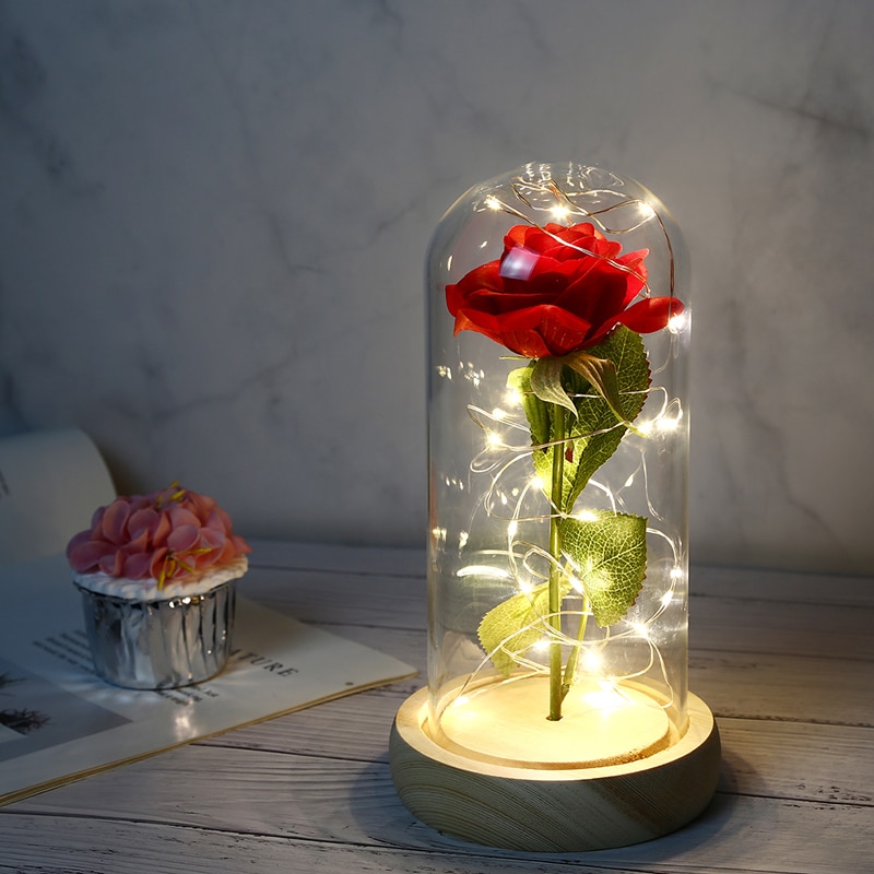 Skønhed og udyr rose i kolbe led rose blomst lys sort base glas kuppel bedst til mors dag fødselsdag valentinsdag