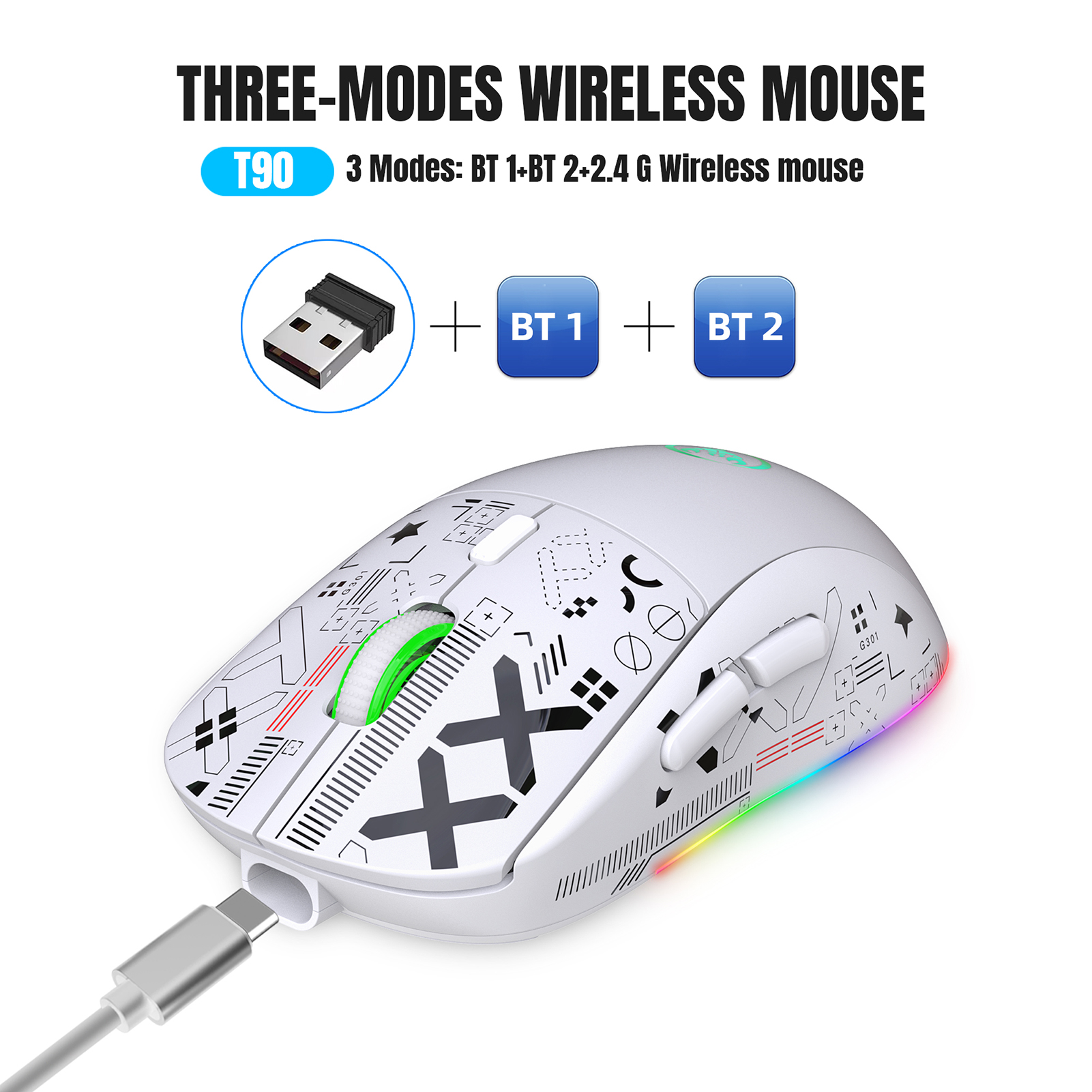hxsj T90 2,4 G kabellose mechanische Maus RGB-Gaming-Maus Ergonomische 10 Millionen Tastenhub 3600 DPI Maus 11 RGB-Beleuchtungsmodi Mäuse