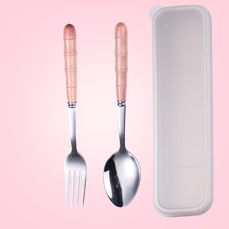 Tragbares edelstahl-essgeschirr-einstellen aus weizenstroh, essstäbchen, löffel und gabel, geschirr für kinderküchen-essgeschirr-einstellen: Rosa -2 stück 3