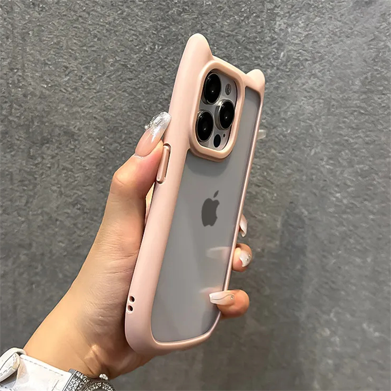 Cartoon 3D Cute Cat Ears Silicone Bumper Shockproof Phone Case For iPhone 15 14 13 12 Pro Max 11 Transparent Acrylic Hard Cover: aluminum / Pink