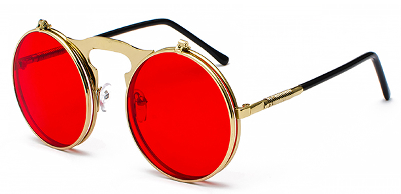 Peekaboo unisex retro steampunk sunglasses flip up green yellow red small round summer style unisex sun glasses men women: gold with red