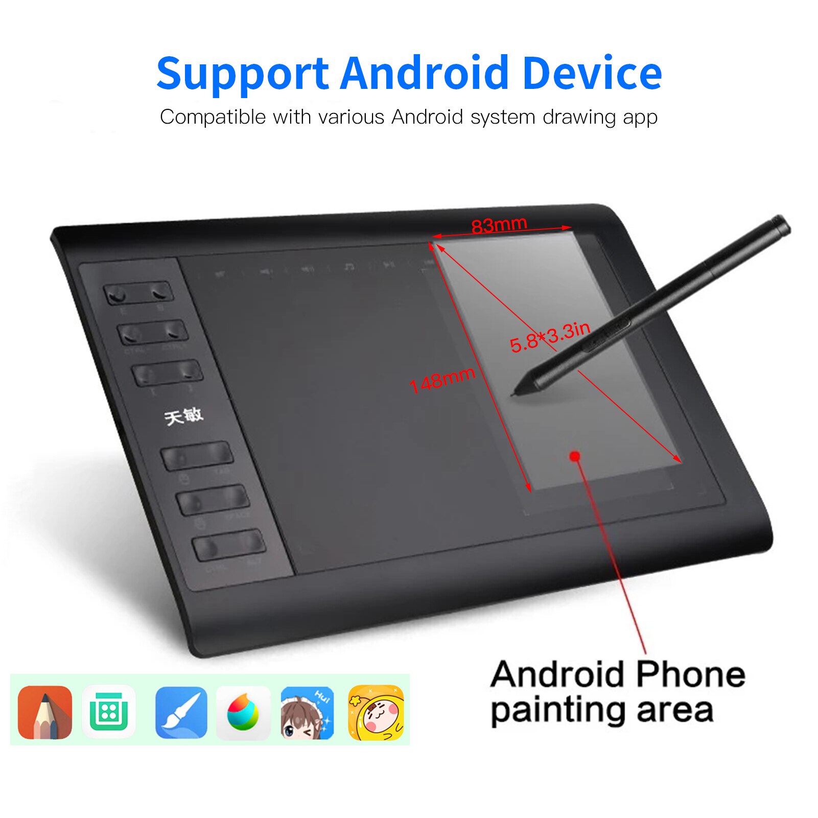 10moons G10 Digital Art Graphics Drawing Tablet 10x6 Inches with Battery-free Stylus Compatible with Windows Android OTG