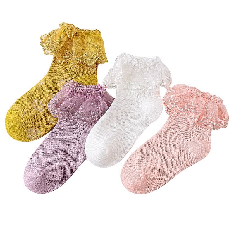 4pairs/lot Summer Children Lace Socks Thin Cotton Girls Dance Short Sock Princess Solid Color Embroidered Socks 4 Colors: 4 COLORS / XXL (9-12Y)