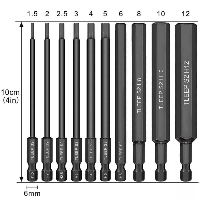 10pcs Hex Head Allen Wrench Drill Bit Set 100mm S2 Steel Allen Screwdriver Bits 1.5 to 12mm SAE Metric Hex Key Bit with Magnetic