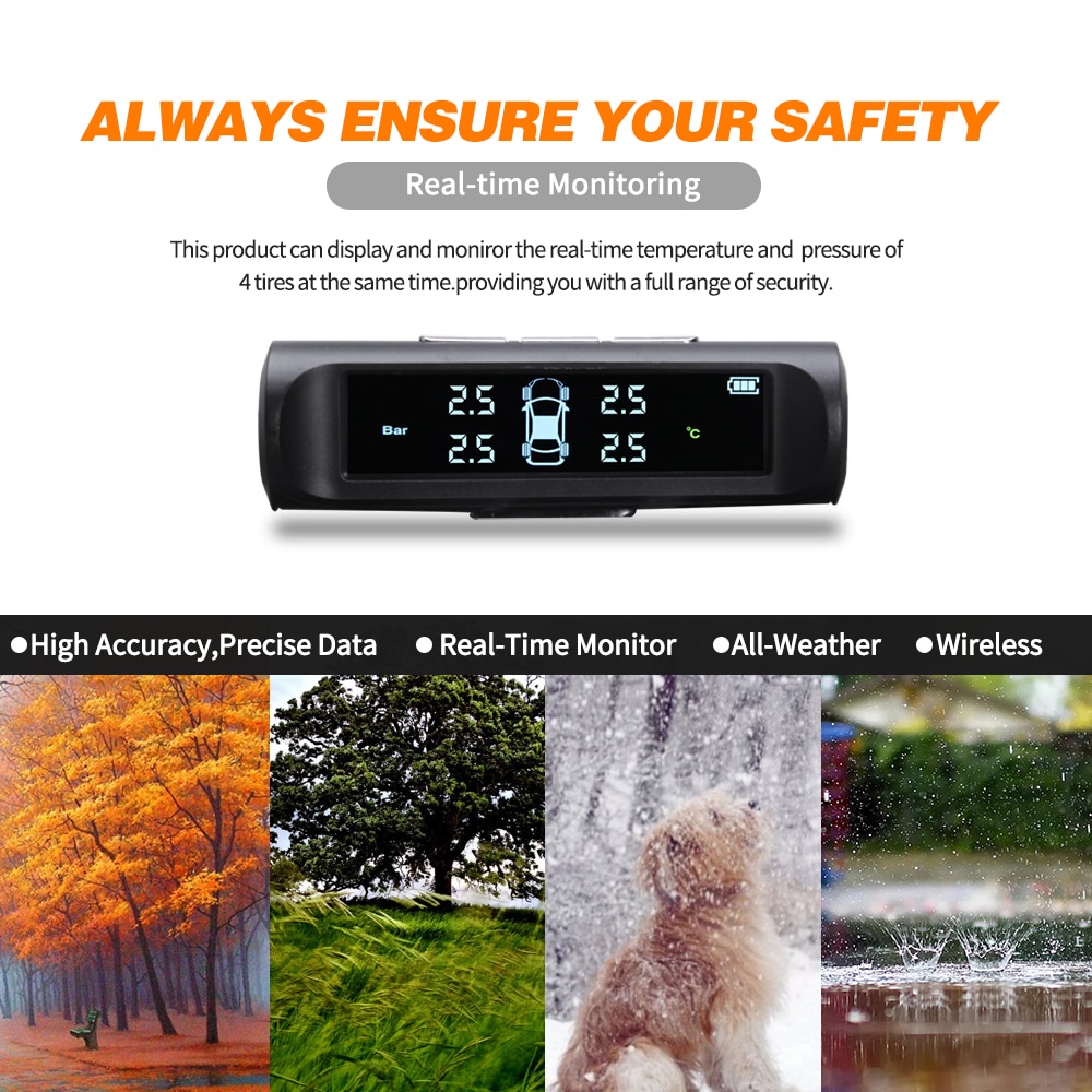 TPMS Car Tire Pressure Alarm Sensor Display Monitoring System Power Charging Temperature Warning with 4 External Sensors