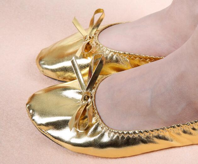 Women Belly Dance Shoes Golden Leather Ballet Shoes Practice Dancing Shoes Butterfly Decorated Size34-41