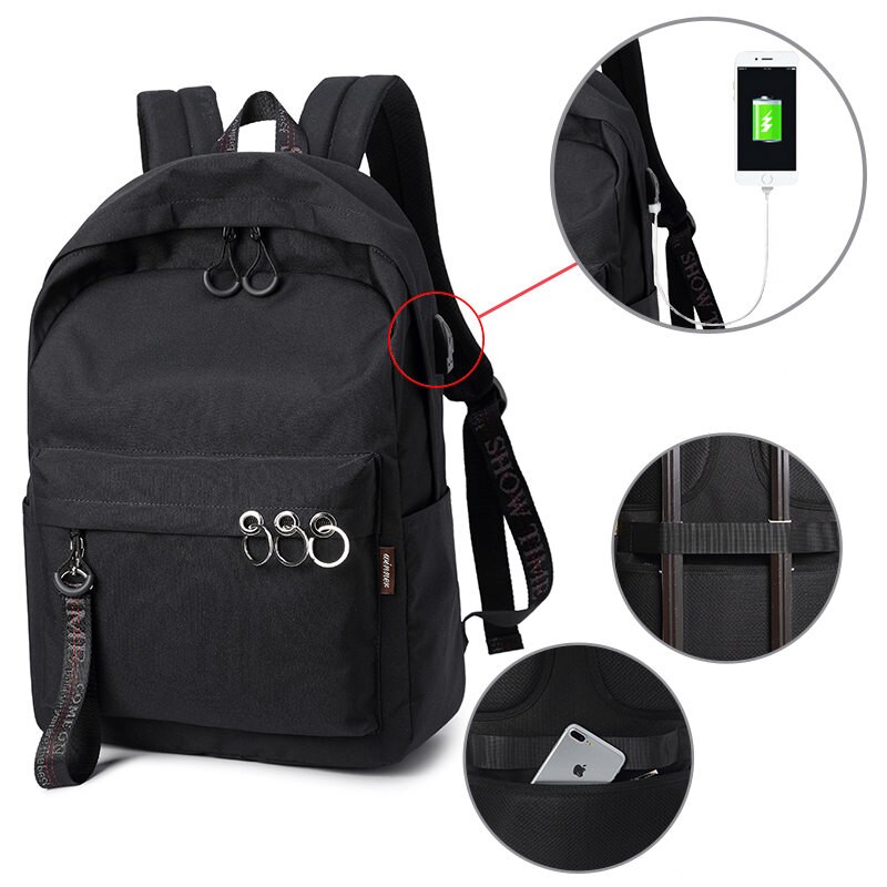 Tourya Waterproof Women Backpack Large Capacity Solid College Bookbags School Bags for Teenage Girls Travelling Knapsack: black with USB / 15 Inches