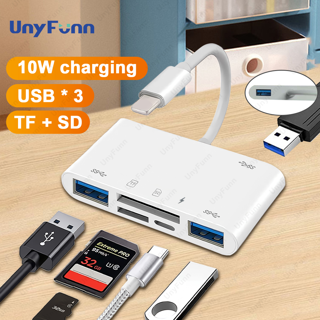 Usb 6-In-1 SD Card Reader With 3 USB Ports Otg Camera Adapter SD Card Viewer Supports TF SD Card Micro Adapter For iPhone
