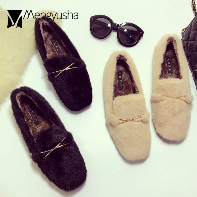 hairy mules square toe metal decoration slip on loafers women falling winter plush flats fur creepes moccasins schoenen vrouwC77