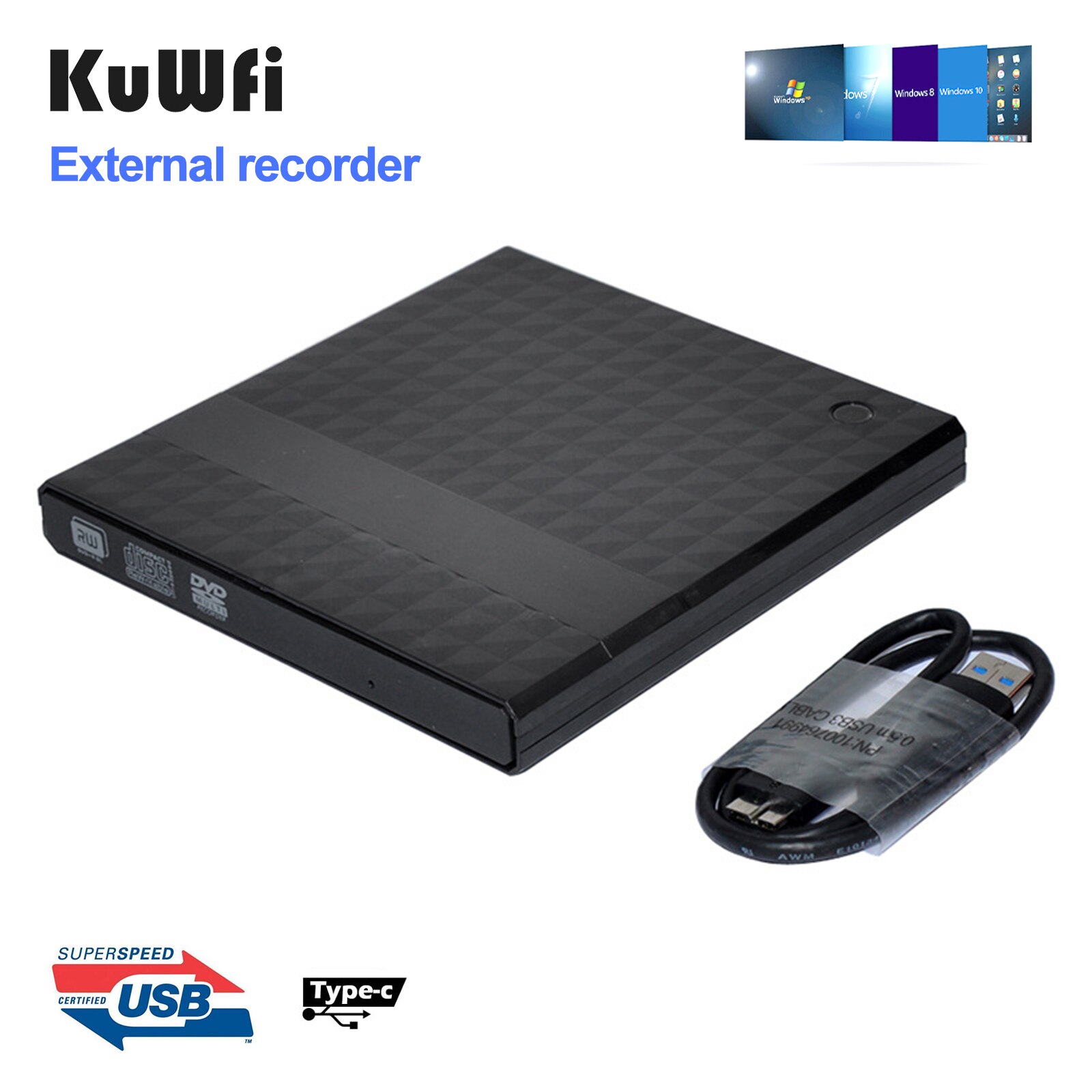 KuWFi-grabador de DVD externo USB 3,0 tipo C, Unidad óptica, reproductor de CD/DVD ROM para ordenador portátil, MACs OS, Windows XP/7/8/10