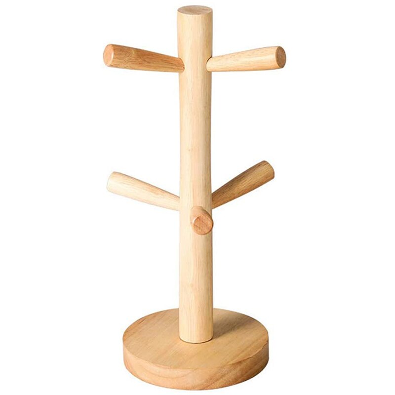 Wooden Mug Tree Holder with 6 Hooks, Mug Rack Display Stand Cups Organizer Dryer, Tea Coffee Cup Mug Hooks: Default Title