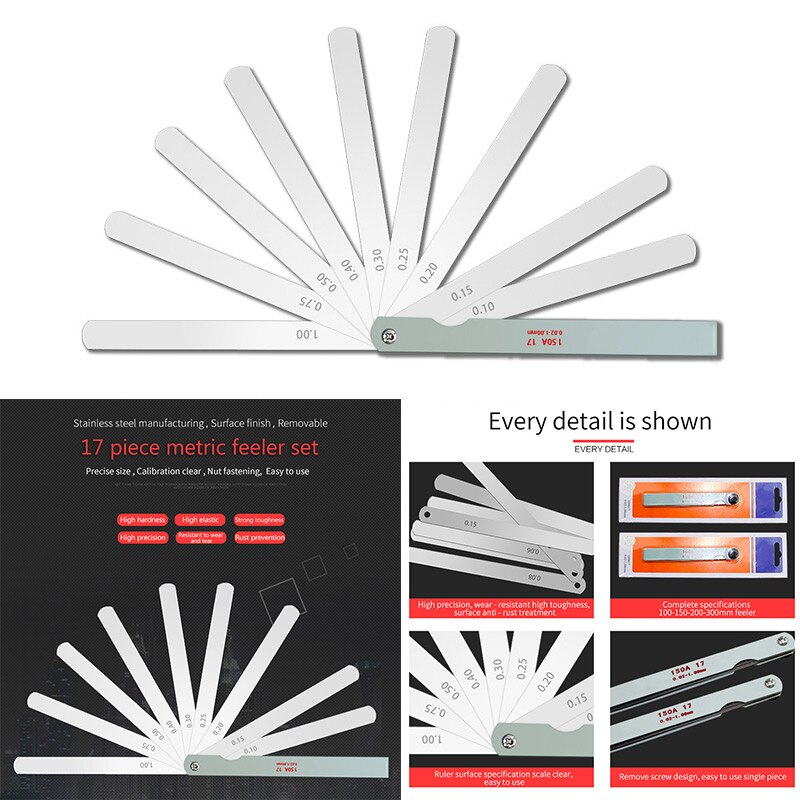Automotive Maintenance Tools Feeler Gauge Microplate Gap Gauge Measure Tool 100mm 0.02-1mm 17 Blade Thickness
