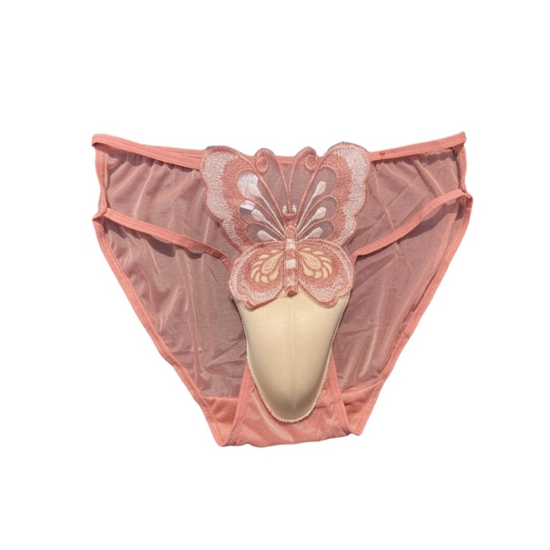 Sexy Men's Lace Underwear CD Cross-dressing Briefs Low-Waist Mesh Hollowed Transparent Butterfly Embroidery Underpants Underwear: L / WHITE