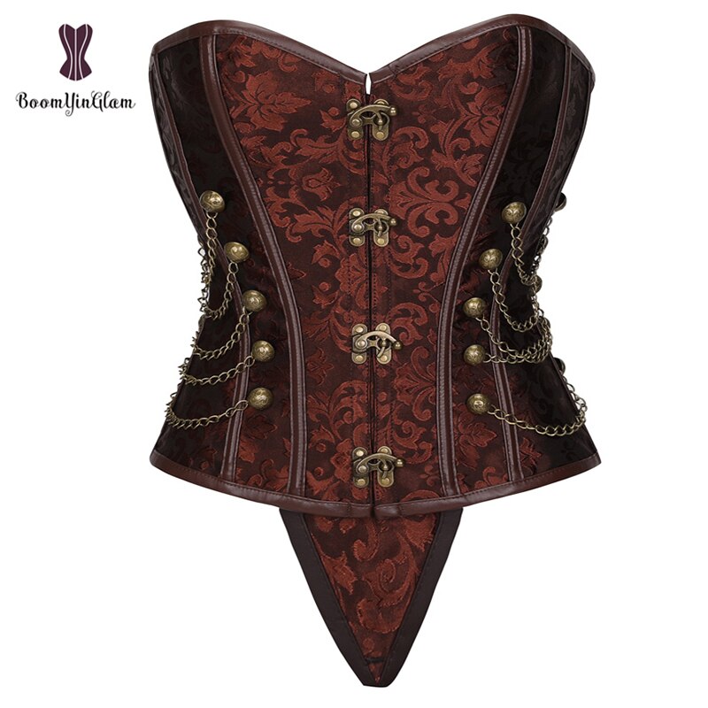 Corset bustier Vintage Steampunk, vêtement d'halloween, au guerrier, brocart désossé en acier avec string, chaussures en Faux cuir pour femmes: Brown / M