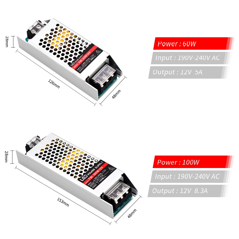 12 Volt Power Supply Ultra Thin 12V LED Driver AC 190-240V 60W 100W 150W 200W 300W Lighting Transformer Adapter for LED Strip