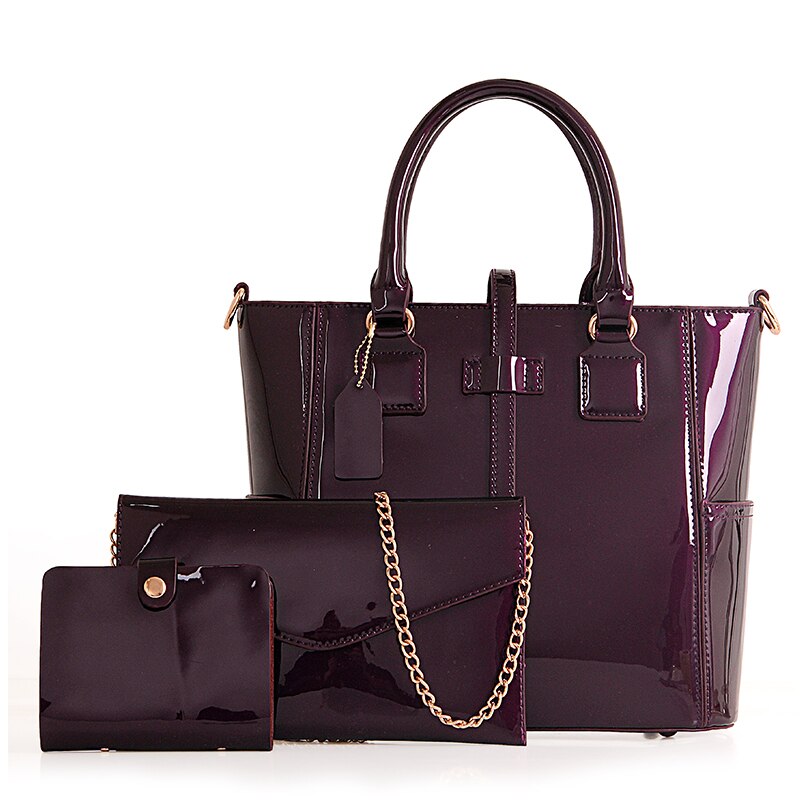 Casual Large Capacity 3 In 1 Tote PU Leather Shoulder Bags for Women Solid Color Handbag: Purple