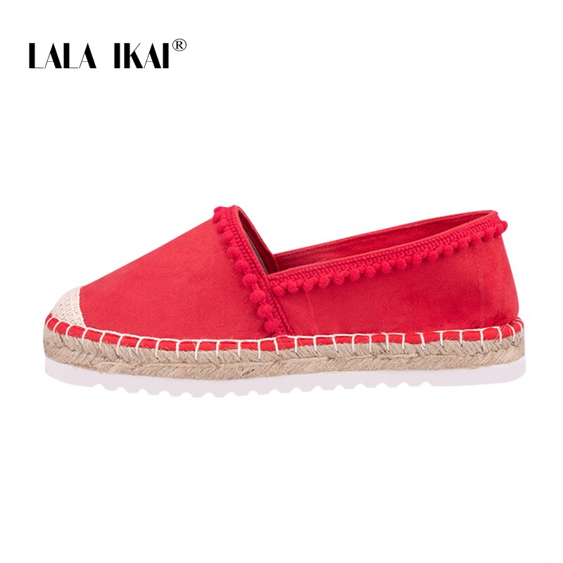 Lala ikai plataforma feminina alpercatas apartamentos 2020 outono vermelho cânhamo deslizamento em único sapatos casuais senhoras pompon mocassins XWA5752-4