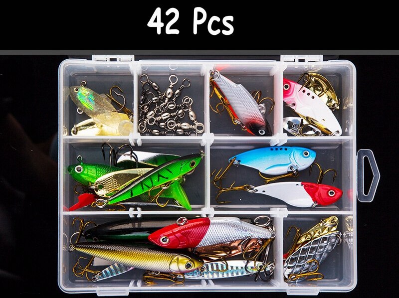 Multi fiskeri lokkesæt spinner crankbait minnow popper vib blød hård ske crank lokkemad fiskekroge tilbehør til redskabsboks: 42 stk-j