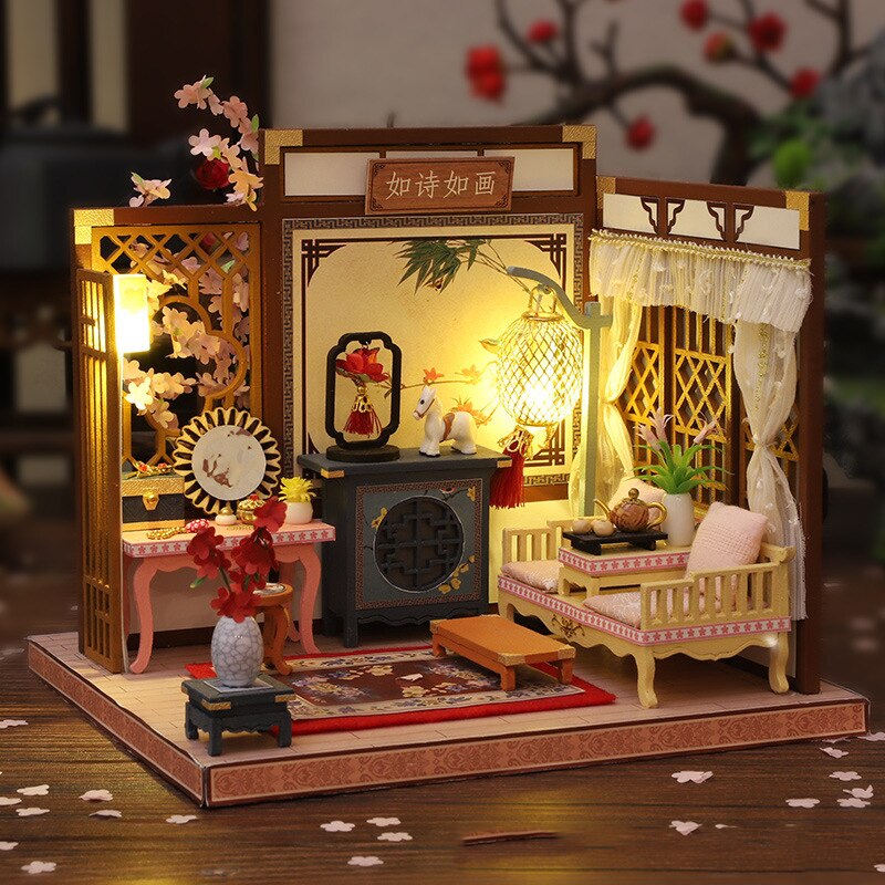DIY Holz Puppe Haus Bausatz Montiert Miniatur Möbel mit Zubehör Chinesische Casa Licht Puppenhaus Spielzeug für Erwachsene Weihnachten