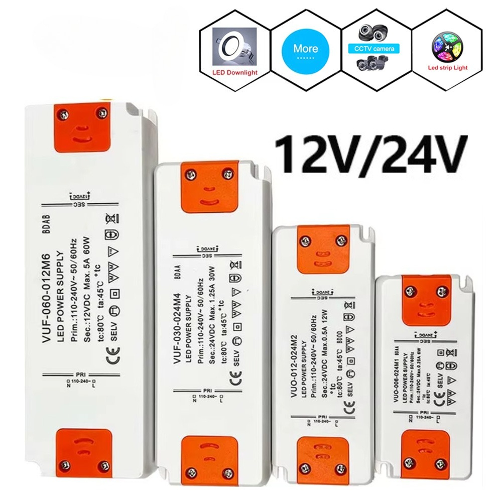 Dc12v/24v tynne led-driver ballast 6w 12w 30w 60w transformator strømforsyning  ac110-220v adapter for skaplamper lyslist