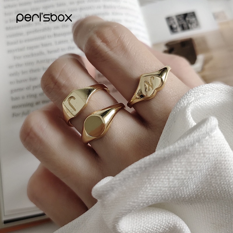 peri'sBox 925 sterlina d'argento Intagliare Iniziale Anello in Oro Geometrica Lucido Anelli per Le Donne Del Cuore di Amore Minimalista Anello Regolabile