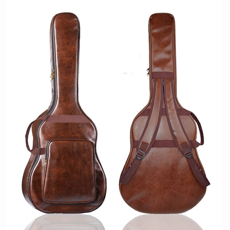 Pu læder guitar taske 40/41 tommer dobbelt skulder folkemusik instrument guitar retro enkel stil tykkere vandtæt metal lynlås taske: Kaffe