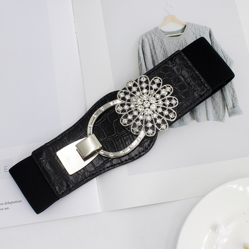 Ceintures pour femmes noires, taille élastique Simple pour dames, boucle de ceinture en métal avec décoration en diamant, pull robe à la ,: G