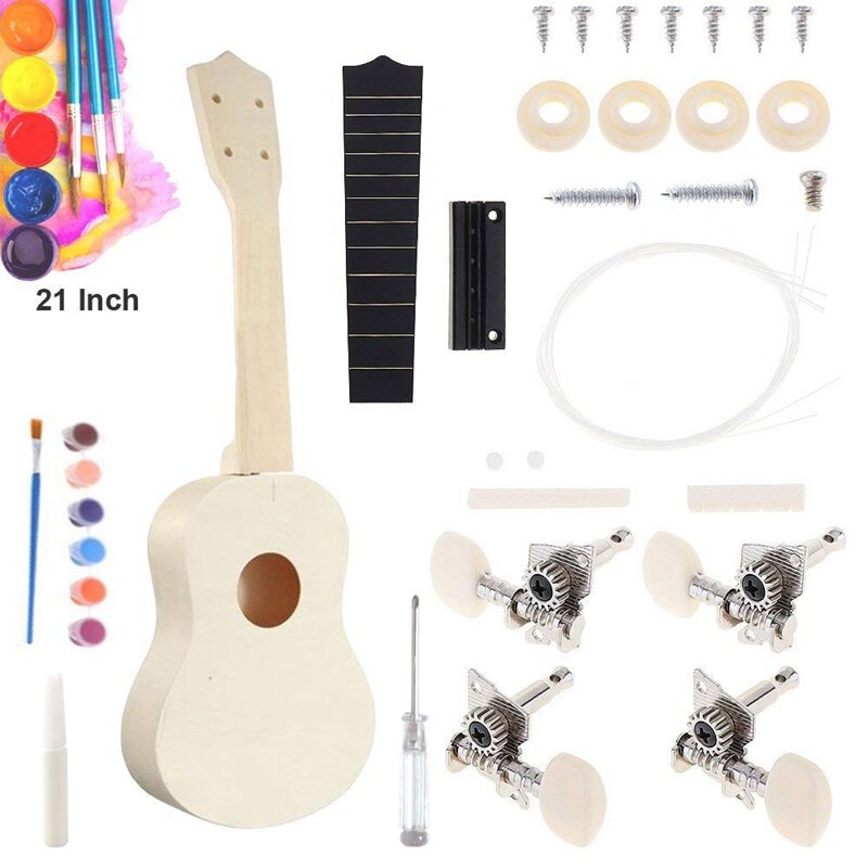 Kit DIY de Ukelele de 23 pulgadas para niños, instrumento musical Hawaiano con soporte manual para pintar, conjunto de juguetes para principiantes: Default Title