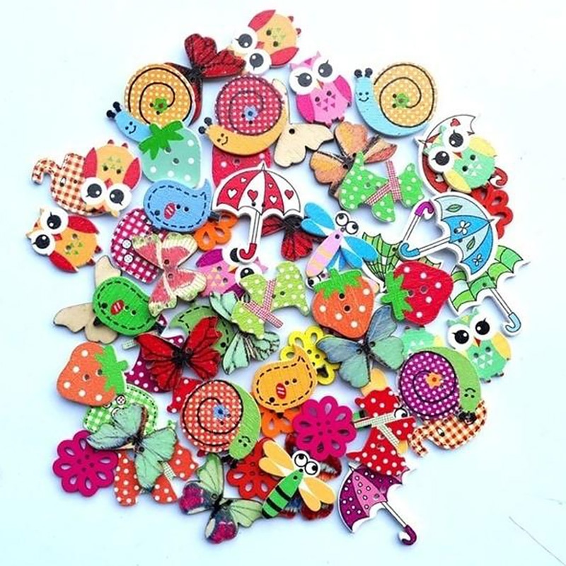 Botones de madera para manualidades, pintura mixta Vintage de 2 agujeros, para Scrapbooking, costura de ropa, suministros de ropa para niños, 50 unids/lote