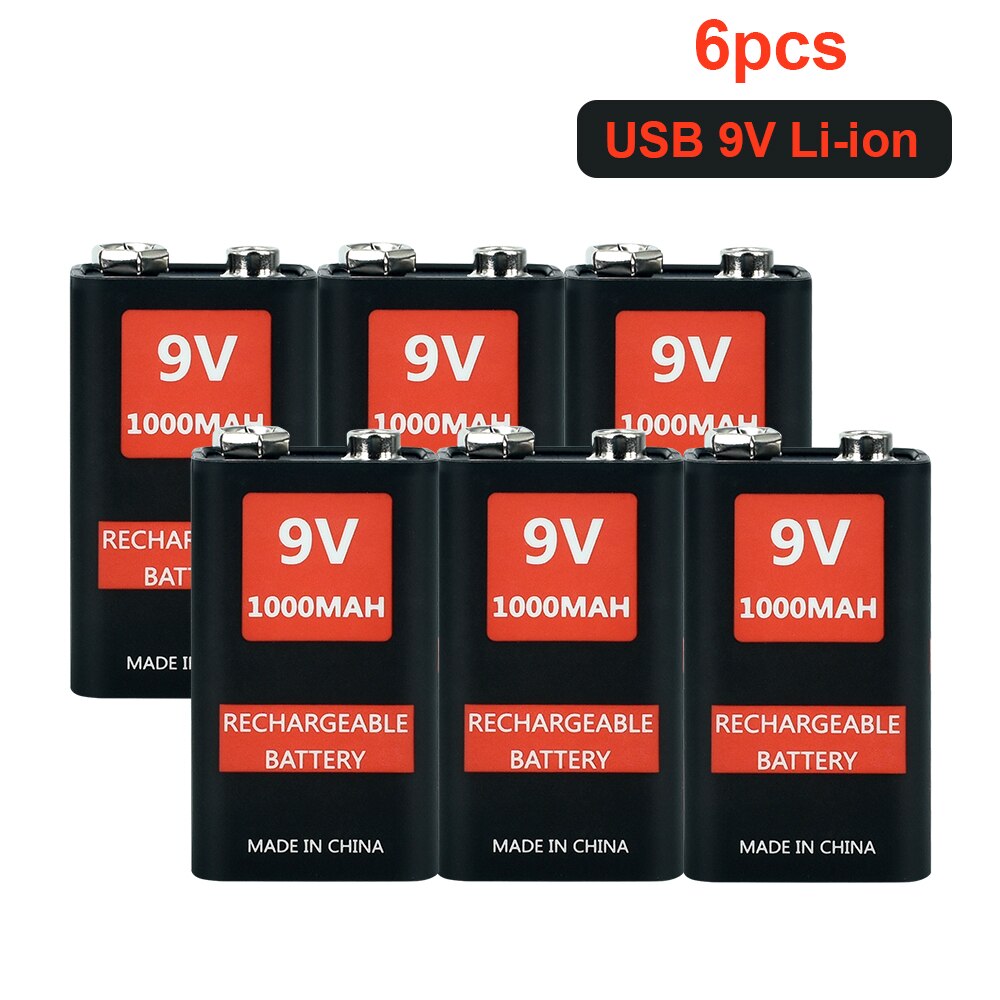 9v usb rechargeable battery 6f22 li-ion lithium 9V li-ion batteries for Microphone metal detector multimeter: 6pcs