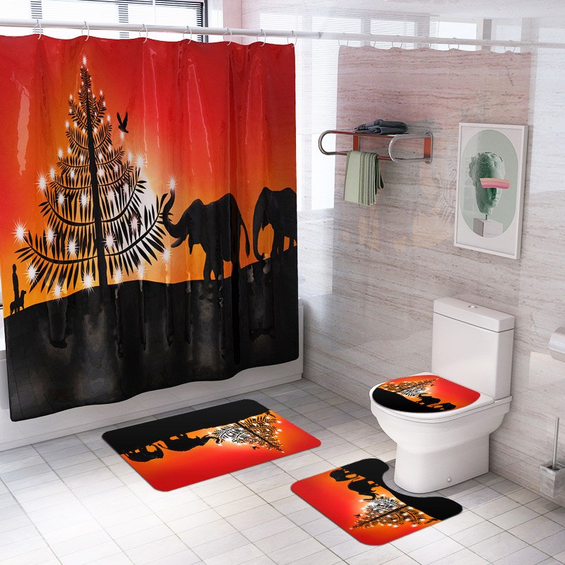 Eksotiske 4 stk badeværelsesmåtter orange elefant bruseforhæng vandabsorberende tæppe toiletdæksel bademåtte skridsikker tæppe toiletindretning