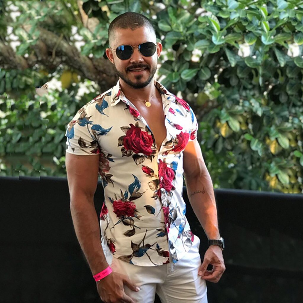 Summer Men Hawaiian Shirt Short Sleeve Floral Printed Casual Beach Vacation Blouse Printed Mens Shirts Camisa 4# 4#