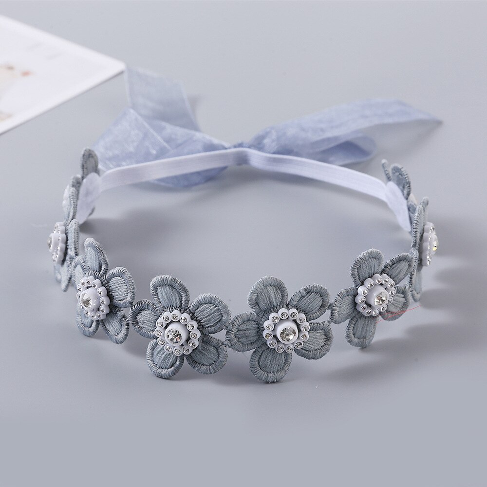 Diadema de encaje flor para niña, diadema elástica Floral suave con lazo, accesorios para el cabello, cinta para de cumpleaños y boda: Gris