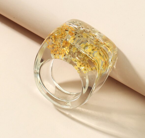 Anillo grande de resina para mujer, joyería de lujo con flores secas acrílicas transparentes, para mujeres: 1