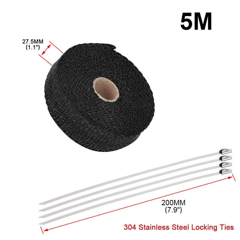 5M/10M/15M Motorcycle Exhaust Thermal Tape Header Heat Wrap Manifold Insulation Roll Resistant with Stainless Ties: 2.5cm 5M Black