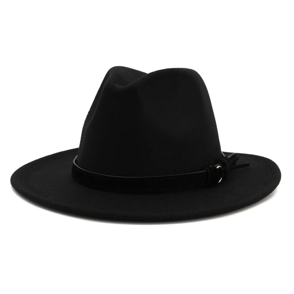 Vintage sommar bred brätte fedorahatt kvinnor lädersnöre imitation ylle jazzhatt keps chapeau för resor: 8