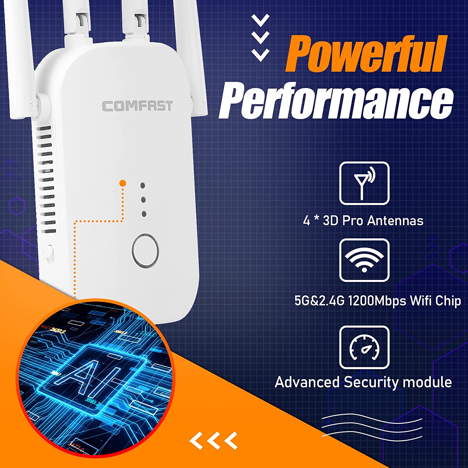 Comfast CF-WR758AC 1200Mbps WiFi Repater Dual Band segnale 2.4G e 5G Extender a lunga distanza 4 antenne fino a 4000 mq copertura completa