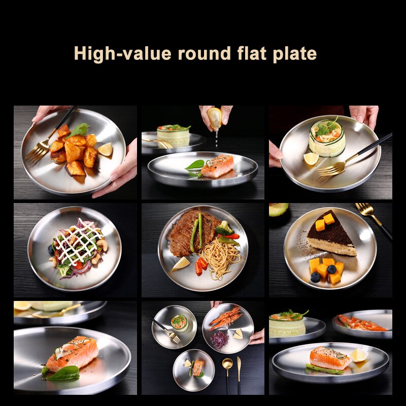 304 Roestvrij Stalen Ronde Steak Plaat Lade Single Layer Salade Fruit Ontbijt Steak Lade Bbq Servies Schotel